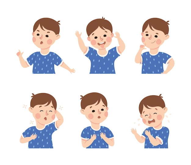 Niño pequeño demostrando expresión facial y emoción set vectorial de muecas