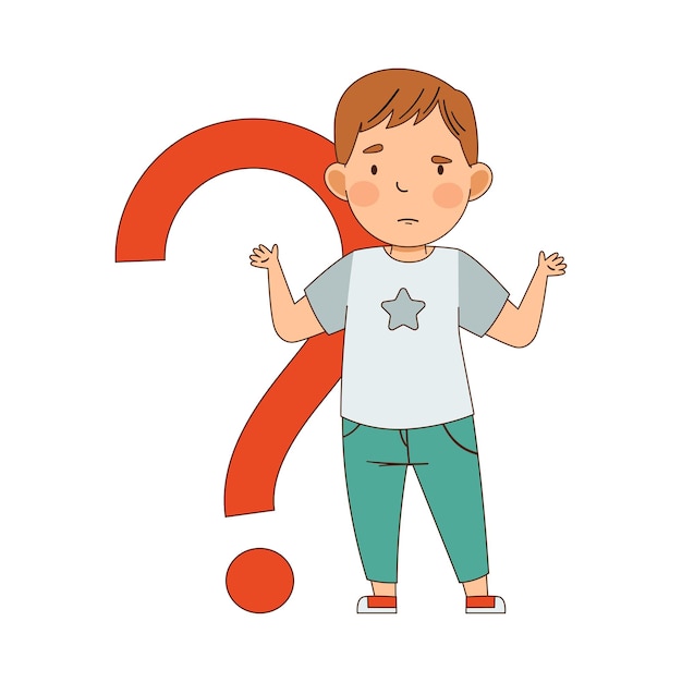 Niño pequeño desconcertado con el signo de pregunta encogiéndose de hombros preguntándose ilustración vectorial