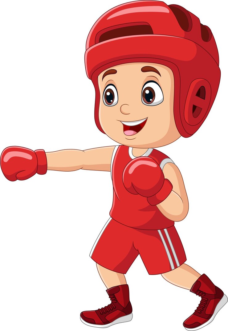 Niño pequeño de dibujos animados entrenando boxeo