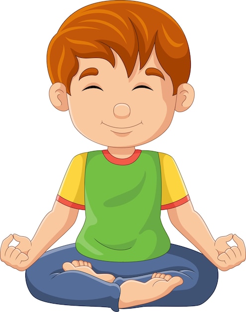 Vector niño pequeño de dibujos animados haciendo posición de yoga de loto