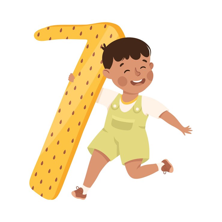 Vector niño pequeño con el enorme número amarillo siete o aprendizaje numérico ilustración vectorial básica de conteo
