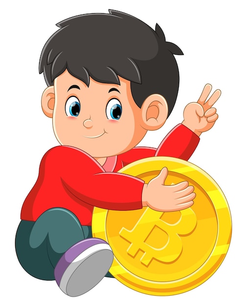 El niño pequeño está abrazando el gran bitcoin mientras se sienta y posa