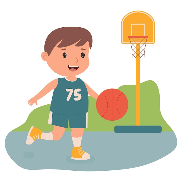 Un niño pequeño está jugando al baloncesto en el patio de recreo Ilustración vectorial Juegos de Verano