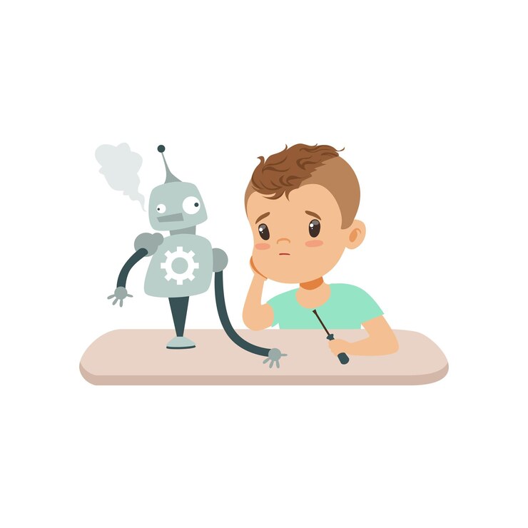 Vector el niño pequeño está molesto por el experimento fallido con la programación del niño robot y la creación de un vector de concepto de proyecto educativo de robot inteligente ilustración aislada en un fondo blanco