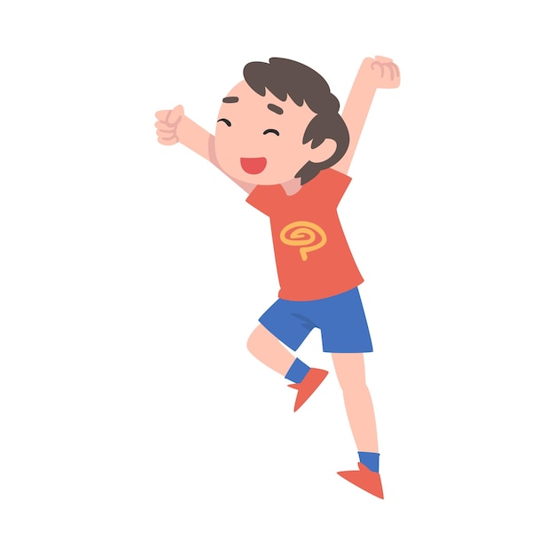 Niño pequeño feliz saltando feliz sonriente preescolar niño divirtiéndose vestido con ropa casual Ilustración vectorial de estilo dibujos animados