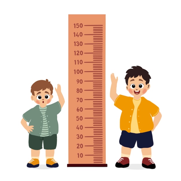 niño pequeño hace la medida de la altura con el vector de la regla y la ilustración