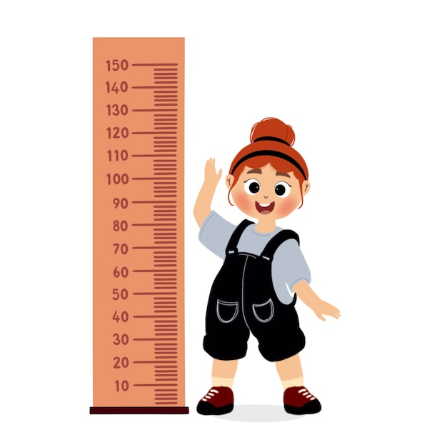 niño pequeño hace la medida de la altura con el vector de la regla y la ilustración