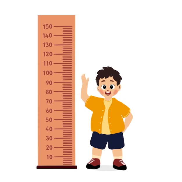 niño pequeño hace la medida de la altura con el vector de la regla y la ilustración