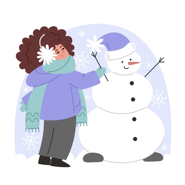 Niño pequeño haciendo un muñeco de nieve en un estilo plano