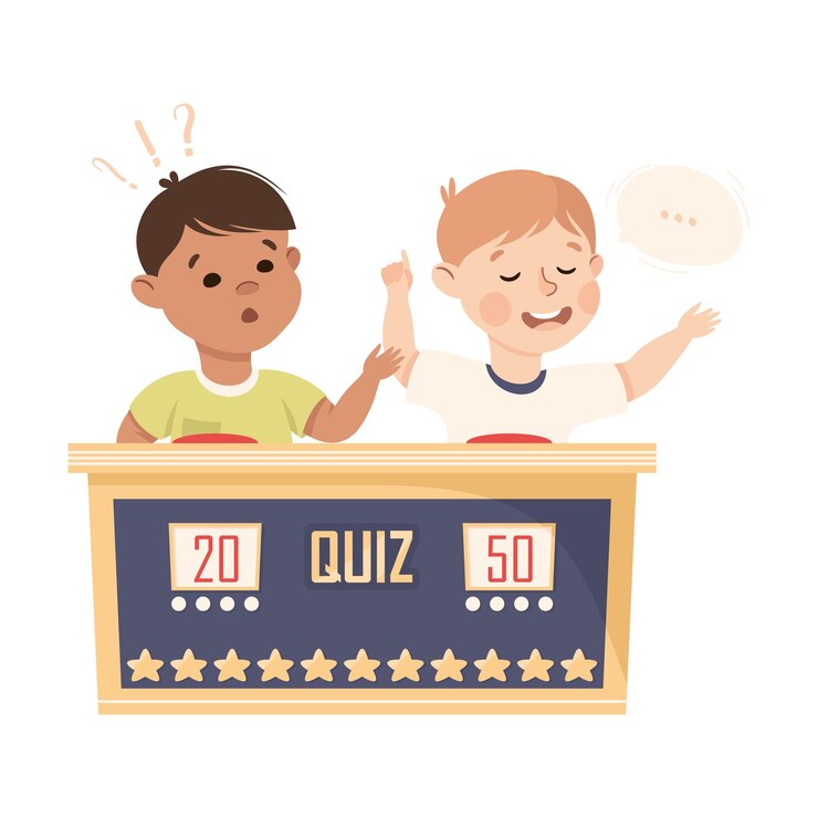 Vector niño pequeño jugando a un juego de preguntas o deporte mental de pie al presionar el botón respondiendo a una pregunta ilustración vectorial