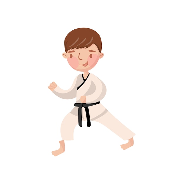 Niño pequeño con kimono karate entrenamiento niños vector de dibujos animados de actividad física Ilustración aislada sobre fondo blanco