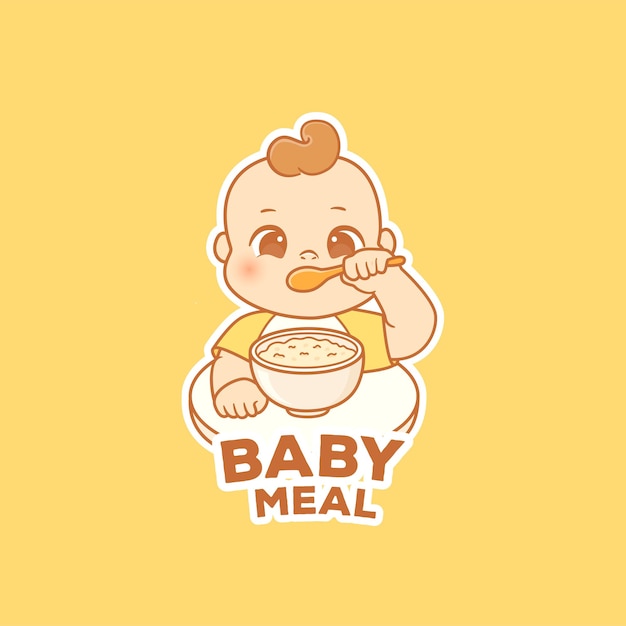 Un niño pequeño y lindo come gachas de avena en un tazón con una cuchara con el logotipo de comida para bebés