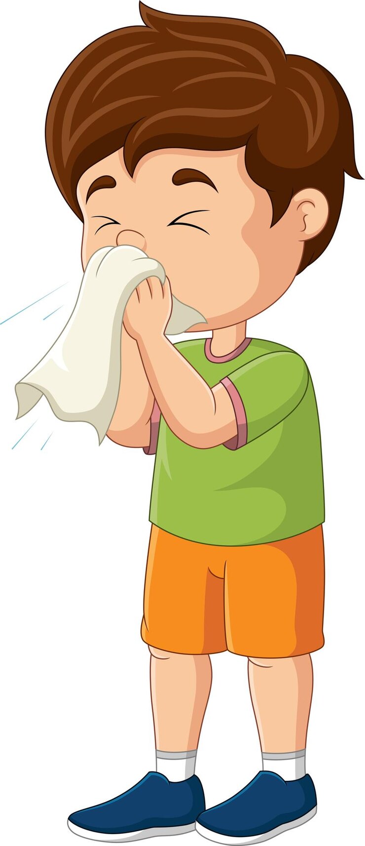 Vector un niño pequeño y lindo estornudando con sonarse la nariz en un pañuelo de papel