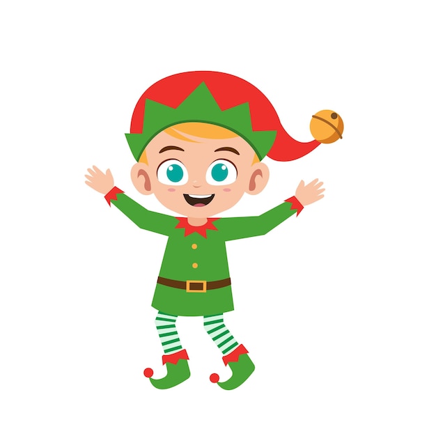 Niño pequeño lindo feliz que lleva el ejemplo verde del vector del traje de la Navidad del duende