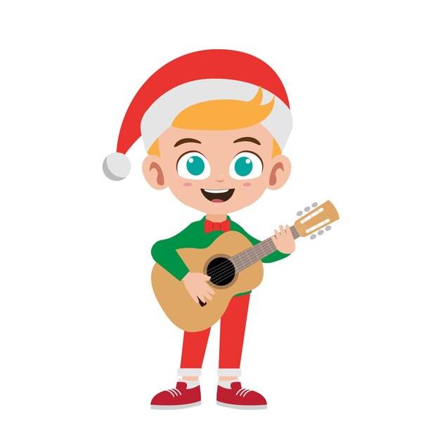 Niño pequeño lindo feliz que sostiene la guitarra en la ilustración de vector de traje de navidad