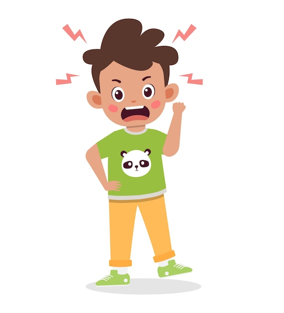 Un niño pequeño y lindo se pone de pie y muestra una ilustración de dibujos animados de expresión enojada