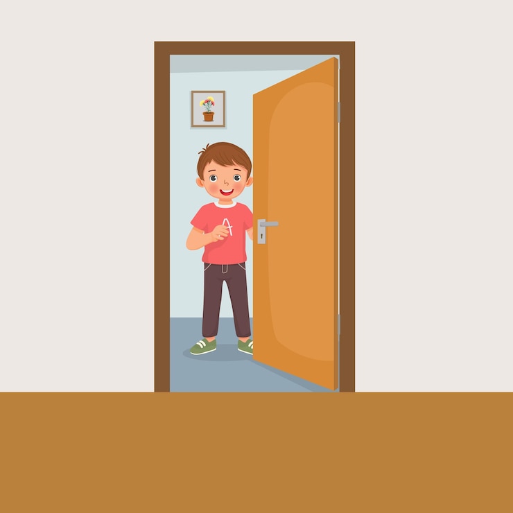 Vector niño pequeño lindo que abre la puerta