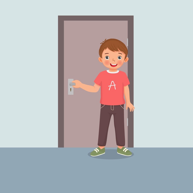 Vector niño pequeño lindo que cierra la puerta