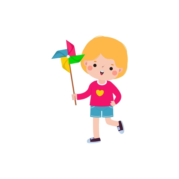 Niño pequeño lindo que juega con un estilo plano colorido del juguete del molino de viento aislado en el fondo blanco vector