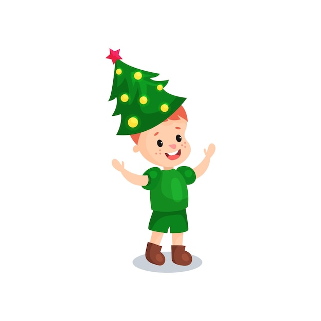 Niño pequeño lindo en el traje de árbol de navidad, niño en traje festivo ilustración vectorial de dibujos animados aislado en un fondo blanco