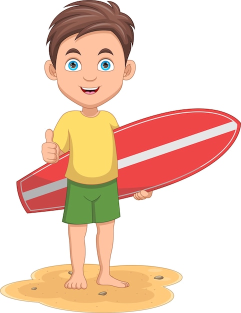 Niño pequeño llevando un dibujo animado de tabla de surf