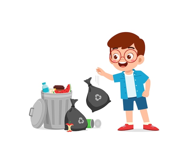 Un niño pequeño con mal comportamiento tira basura