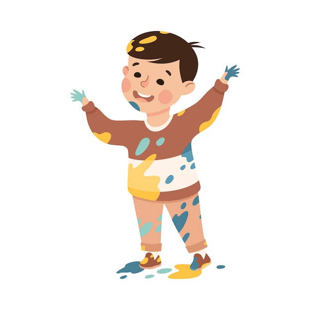 Niño pequeño manchado de pinturas de pie y agitando las manos Ilustración vectorial