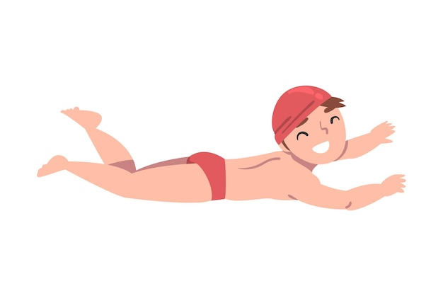 Niño pequeño nadando en la piscina Niño lindo vestido con trajes de baño rojos Aprendiendo a nadar o participando en una competencia Ilustración vectorial de estilo dibujos animados