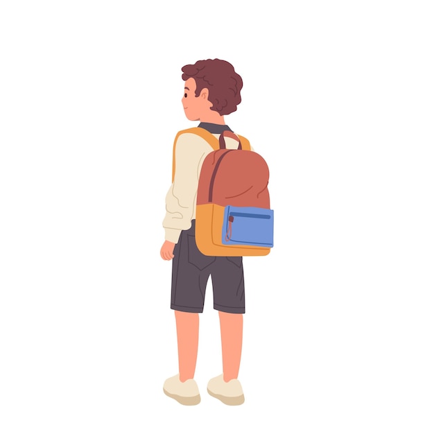 Niño pequeño, niño, caricatura, preescolar, carácter, ambulante, con, mochila, aislado, blanco, plano de fondo, colegial, joven, posición, con, mochila, en, su, espalda, plano, vector, ilustración, inicio, de, lecciones