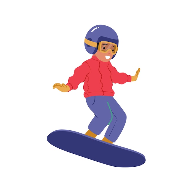 Niño pequeño personaje de Snowboarder saltando en Snowboard aislado sobre fondo blanco Actividad de deporte de invierno de snowboard