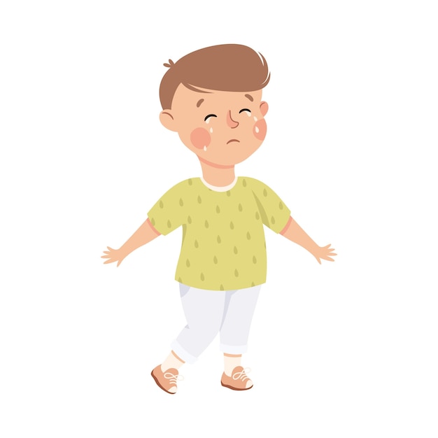 Niño pequeño de pie y llorando sintiendo tristeza Ilustración vectorial