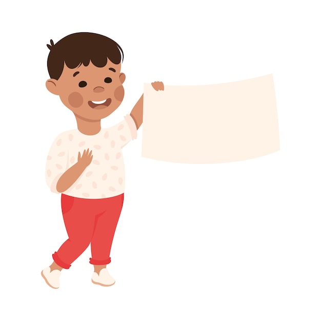 Niño pequeño de pie y sosteniendo una ilustración vectorial de placa rectangular vacía