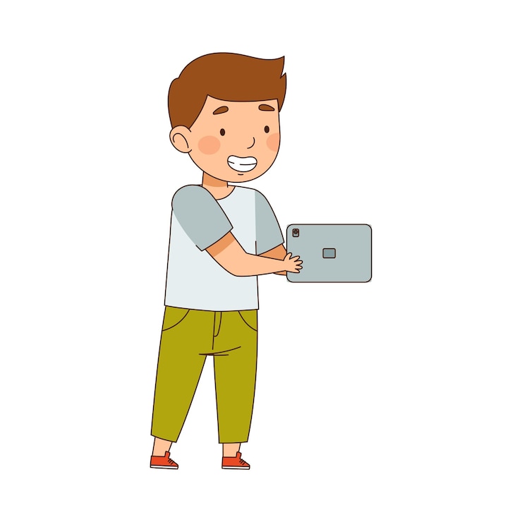 Vector niño pequeño de pie con una tableta y viendo una ilustración vectorial