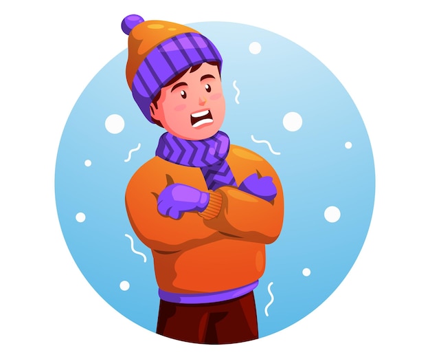 Vector niño pequeño que siente frío y usa una chaqueta en invierno