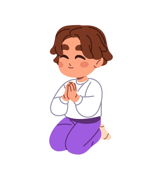 Niño pequeño reza arrodillado Niño lindo con las manos cruzadas se sienta en el suelo con oración Niño religioso ama a dios desea gracias Adoración en la religión Ilustración vectorial aislada plana sobre fondo blanco