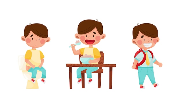 Niño pequeño rutina diaria Niño lindo sentado en el inodoro tomando el desayuno y caminando por la escuela Ilustración vectorial de dibujos animados