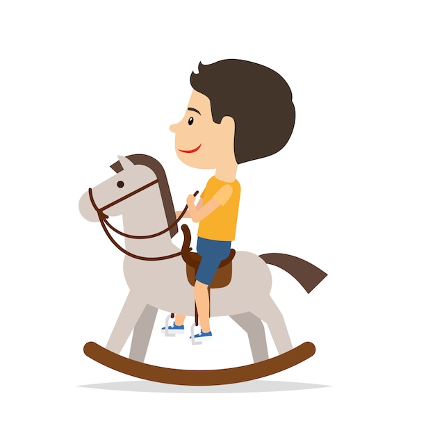 Vector niño pequeño, sentado, en, caballo, juguete