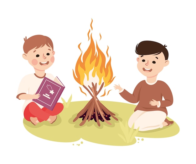 Niño pequeño sentado cerca de la fogata y leyendo un libro Ilustración vectorial