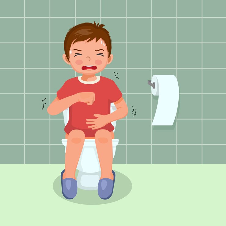 Vector niño pequeño sentado en el inodoro sufre de dolor de estómago y tiene problemas de estreñimiento de diarrea