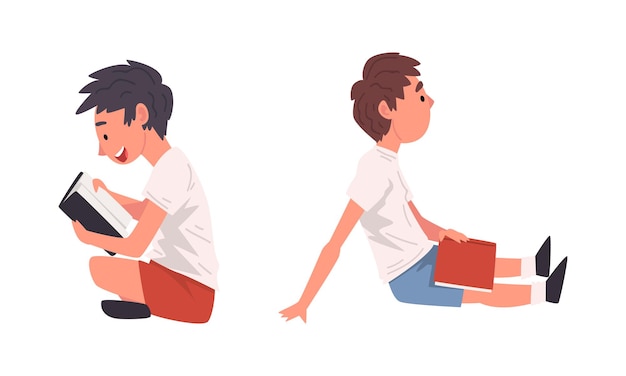 Niño pequeño sentado y leyendo un libro Conjunto vectorial