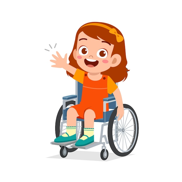 El niño pequeño se sienta en silla de ruedas y se siente feliz
