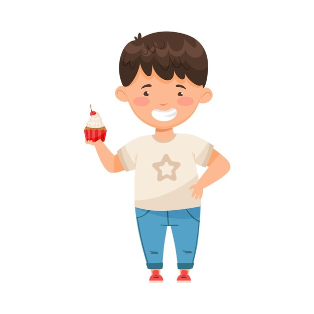 Niño pequeño sosteniendo pastel con ilustración vectorial de crema batida