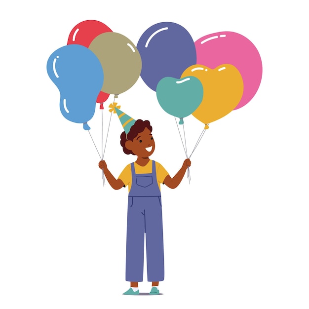 Vector un niño pequeño sostiene alegremente globos de colores en su fiesta de cumpleaños, con el rostro radiante de deleite y emoción mientras disfruta del ambiente festivo y la alegría que conlleva celebrar su día especial