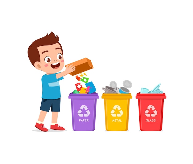 Niño pequeño tirar residuos de papel a la papelera de reciclaje
