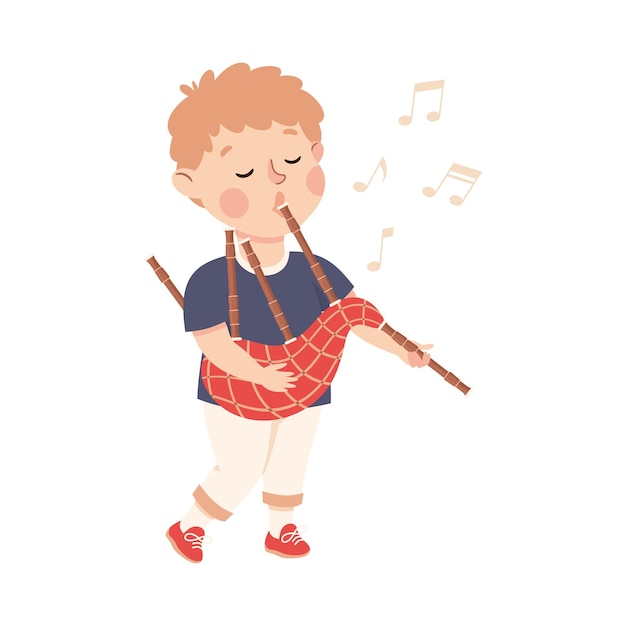 Niño pequeño tocando un instrumento musical de gaita actuando en el escenario Ilustración vectorial