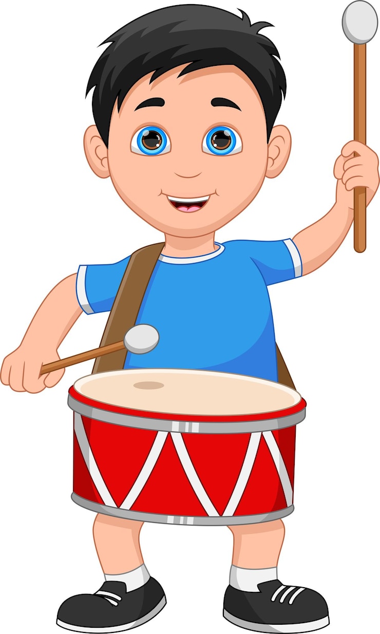 Vector niño pequeño tocando el tambor sobre fondo blanco