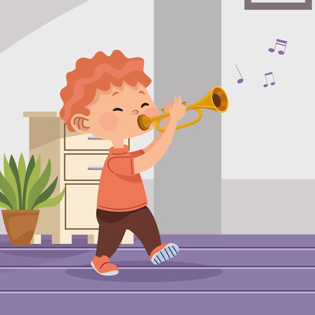 Niño pequeño tocando la trompeta