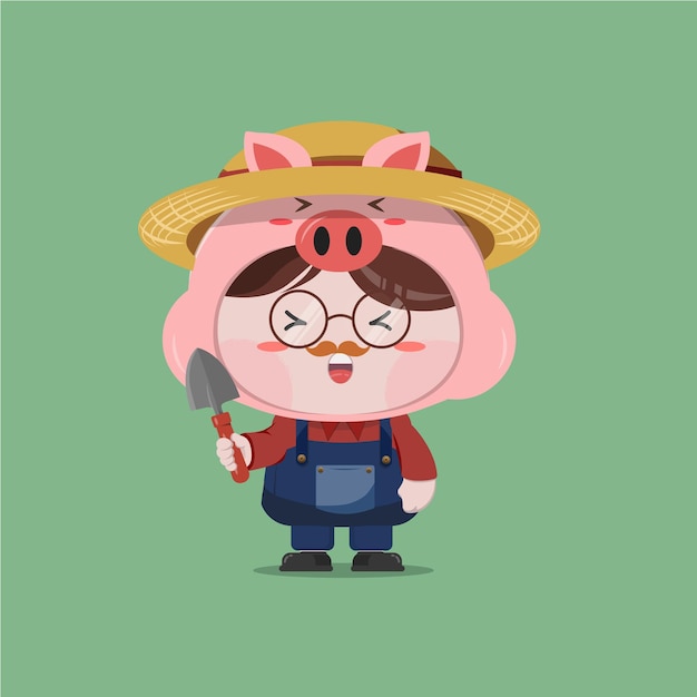 Vector un niño pequeño con traje de cerdo granjero
