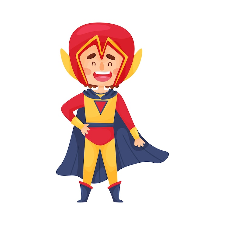 Vector niño pequeño con traje de superhéroe de cómic amarillo y rojo brillante y casco grande con orejas logotipo de triángulo en el pecho cosplay de niños ilustración vectorial personaje de dibujos animados aislado sobre fondo blanco