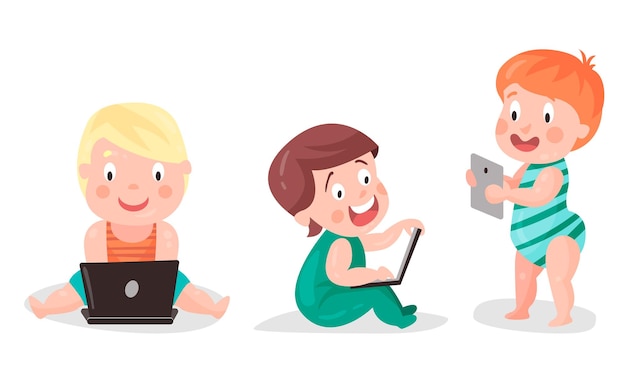Niño pequeño usando un teléfono inteligente y una computadora portátil Conjunto de ilustraciones vectoriales